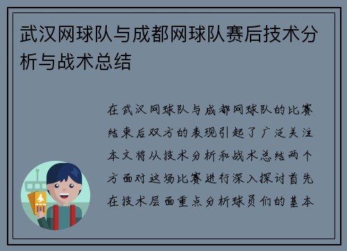 武汉网球队与成都网球队赛后技术分析与战术总结